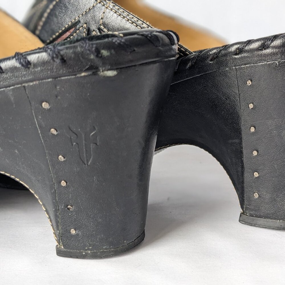 FRYE Leather Shoes Black Mule Clogs 3" Heel Charlotte Flower Size 8.5 M - Picture 10 of 14